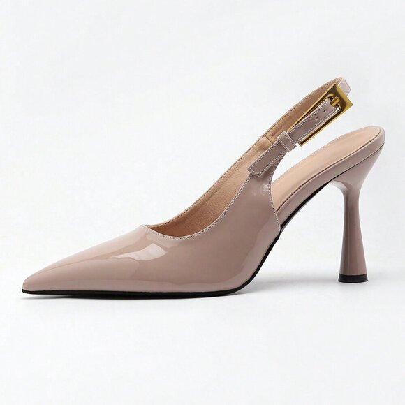 Beige Elegant Women's Pointed Toe High Heel Patent faux Leather slingback heels - Picture 6 of 6